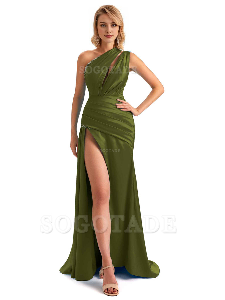 Elegant One Shoulder Side Hight Slit Mermaid Soft Satin Long Floor Length Bridesmaid Dress For Wedding