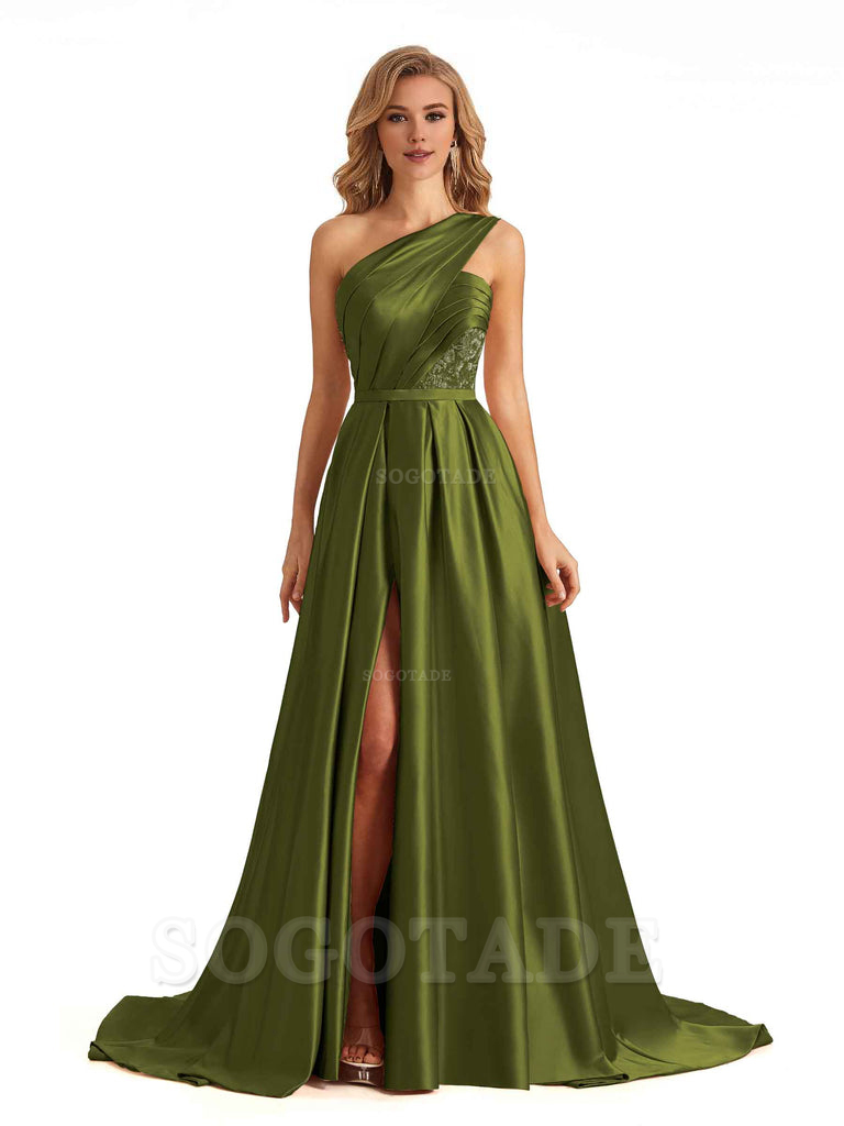Sexy Side Slit One Shoulder A-Line Soft Satin Long Bridesmaid Dresses Online prom dress in store