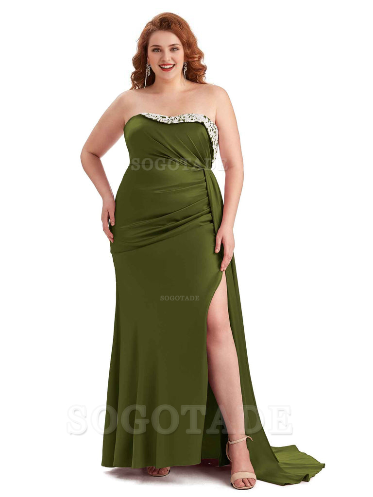Sexy Side Slit Strapless Mermaid Lace Soft Satin Long Plus Size Maid of Honor Dresses