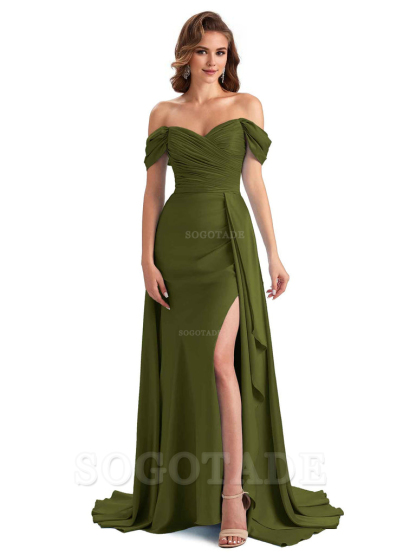 Sexy Side Slit Mermaid Soft Satin Off The Shoulder Long Unique Bridesmaid Dresses prom dress in store