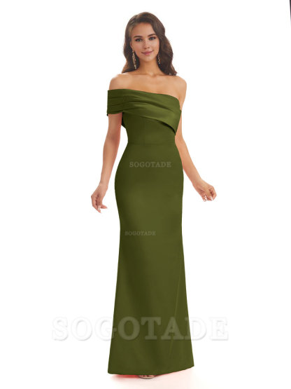 Soft Satin Sexy Side Slit One Shoulder Long Mermaid Bridesmaid Dresses Online prom dress in store