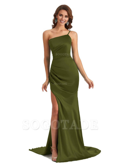 Sexy Silky Satin Side Slit One Shoulder Unique Long Wedding Guest Maxi Dresses