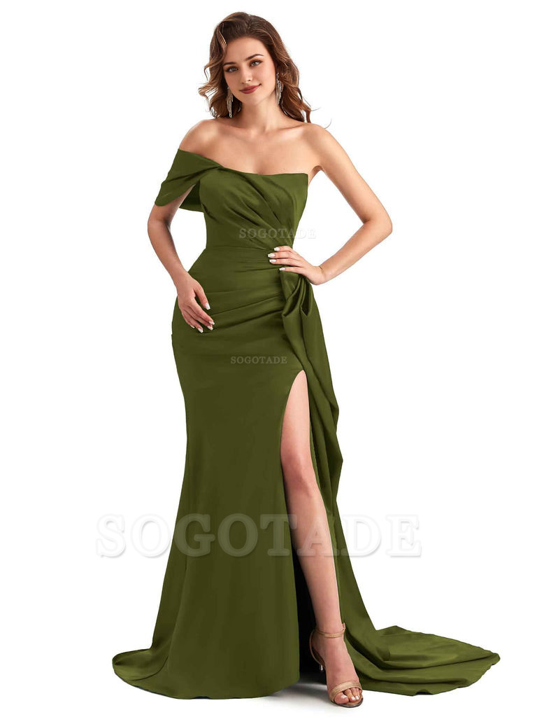 Sexy Side Slit Mermaid Silky Satin One Shoulder Chic Long Maid Of Honor Dresses