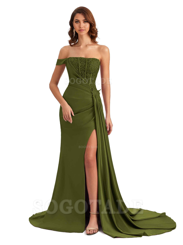 Mermaid Off Shoulder Applique formal dresses evening gown Bridesmaid Dresses With Side Slit 