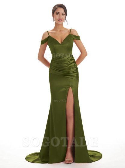Mermaid Off The Shoulder Satin formal dresses evening gown Bridesmaid Dresses With Side Slit 