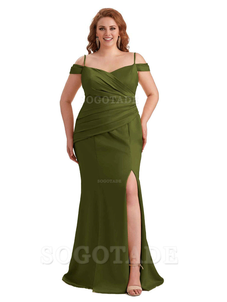 Elegant Cold Shoulder Side Slit Mermaid Soft Satin Long Plus Size Bridesmaid Gowns