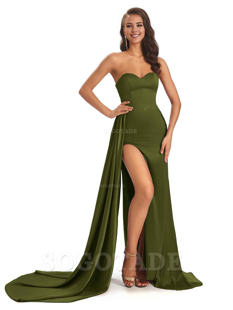 Sexy Soft Satin Sweetheart Side-Slit Unique Long Mermaid Bridesmaid Dresses prom shop dresses