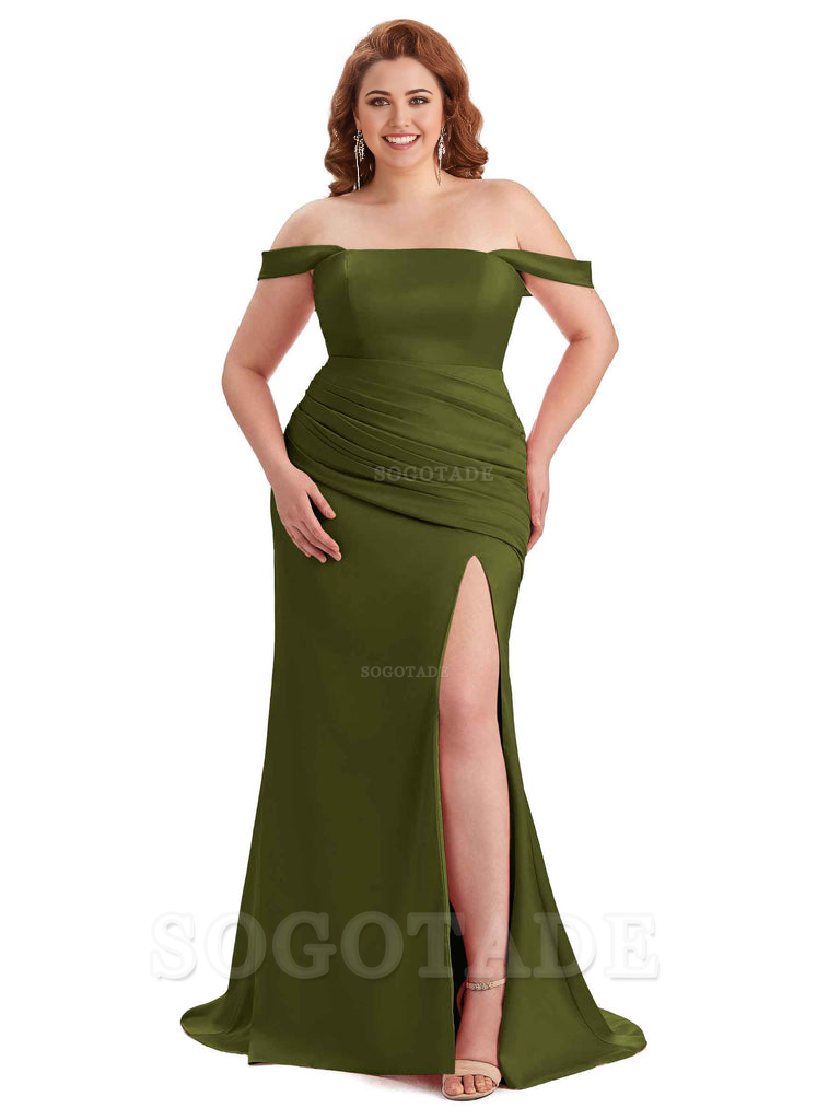 Sexy Off Shoulder Side Hight Slit Sleeveless Mermaid Soft Satin Long Plus Size Bridesmaid Dress For Wedding