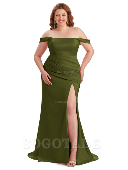  Sexy Off Shoulder Side Hight Slit Sleeveless Mermaid Soft Satin Long Plus Size Bridesmaid Dress For Wedding