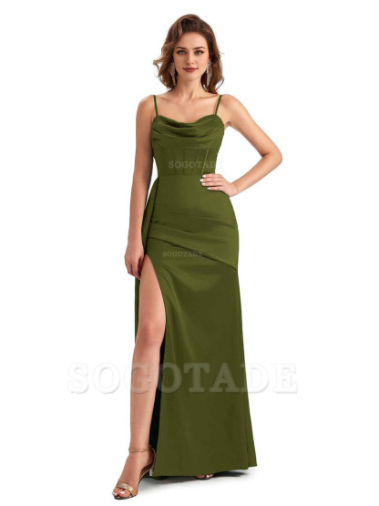 Sexy Side Slit Mermaid Silky Satin Spaghetti Straps Unique Wedding Guest Dresses