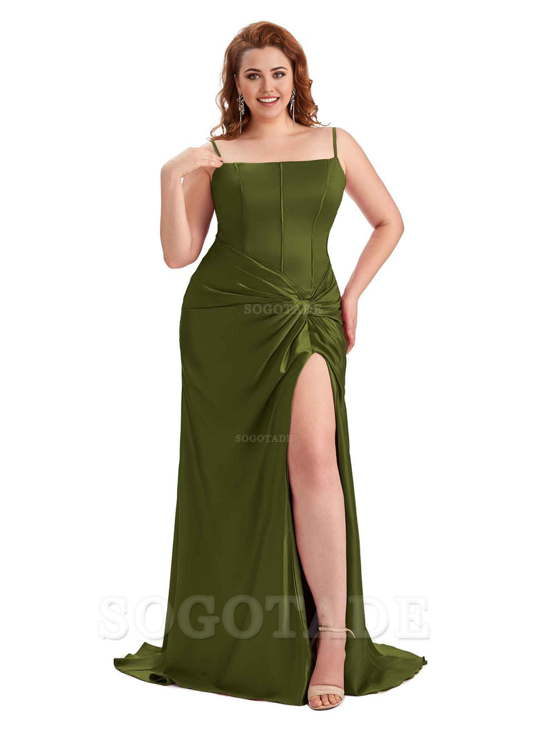 Sexy Spaghetti Straps Side Slit Mermaid Soft Satin Pleated Floor Length Long Plus Size Bridesmaid Dress