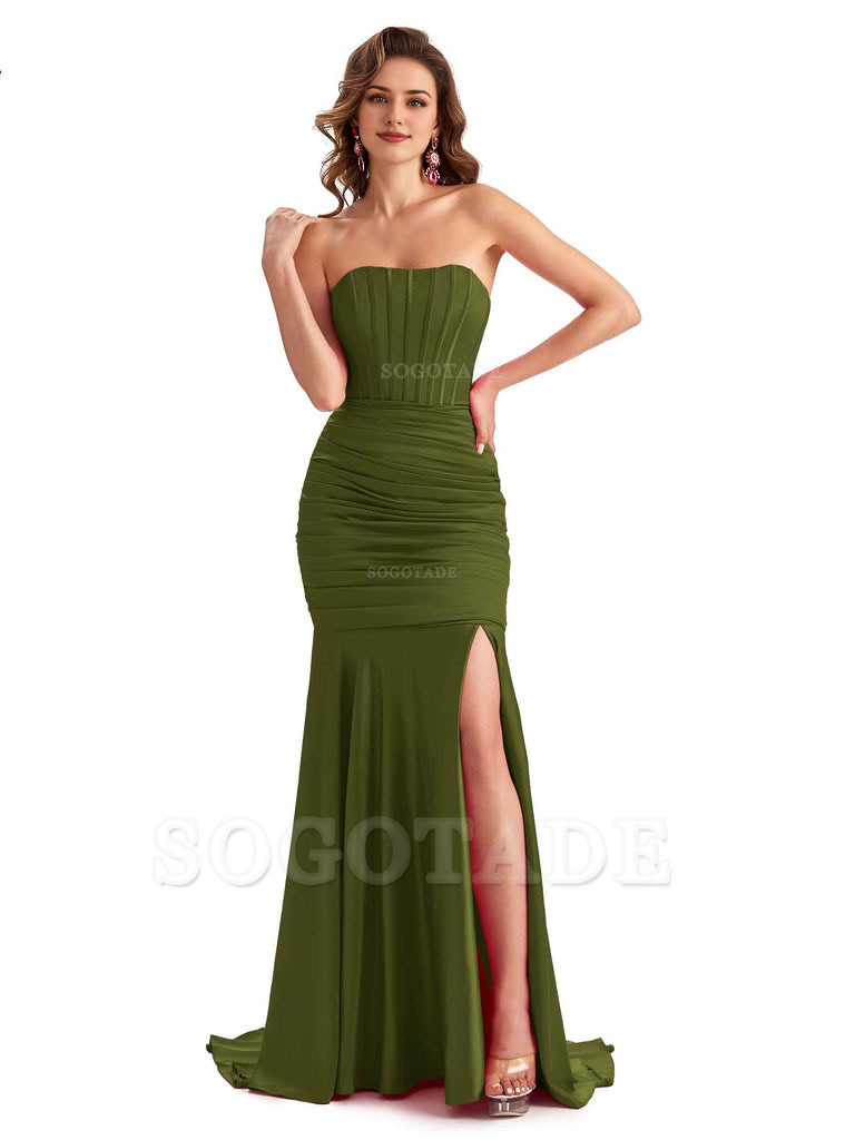 Sexy Strapless Side Slit Mermaid Silky Satin Formal Bridesmaid Dresses