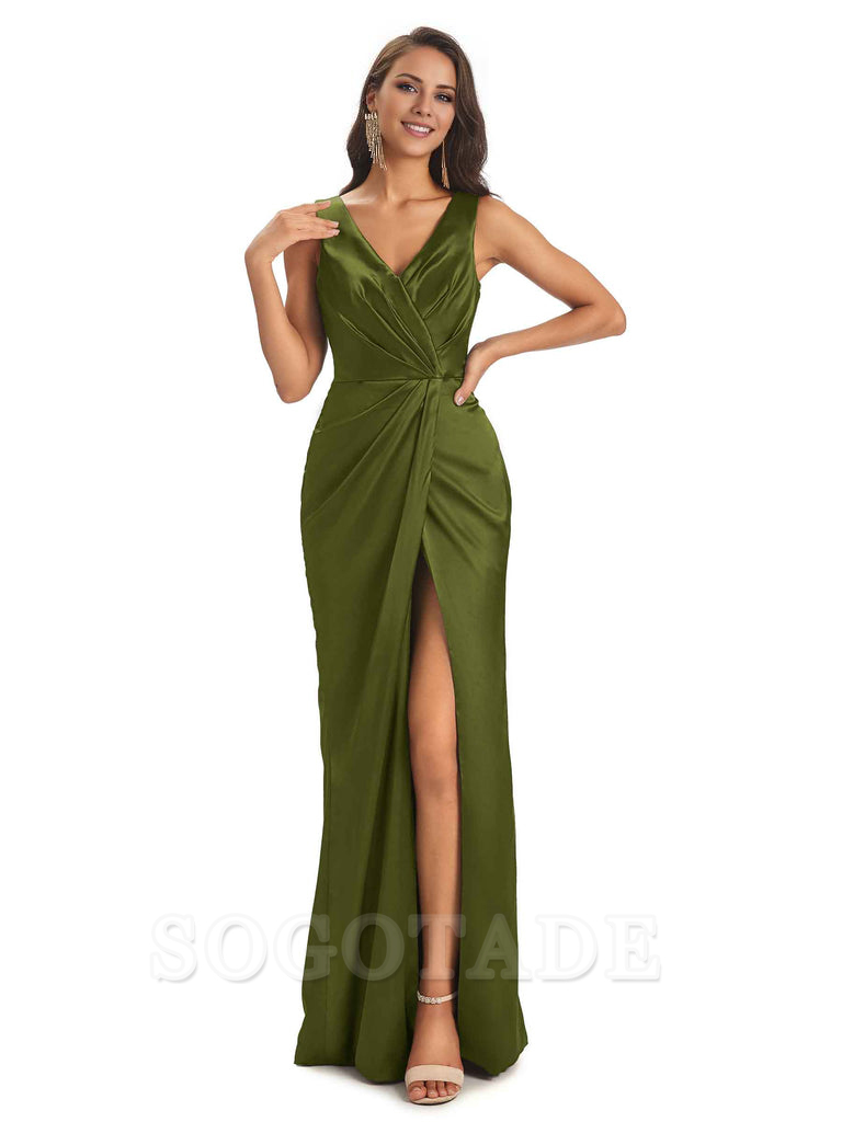 V-Neck Unique Long Satin Bridesmaid Dresses with Front Slit
