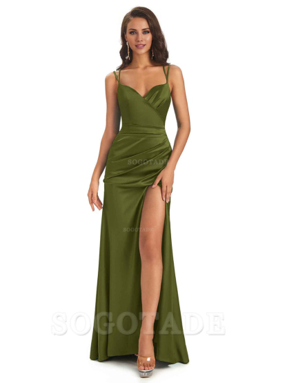 Sexy Soft Satin Side Slit Spaghetti Straps Long Maxi Mermaid Bridesmaid Dresses Elegant Evening Party Dress