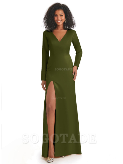 Soft Satin Side Slit Long Sleeves V-Neck Long African Mermaid Bridesmaid Dresses Elegant Evening Party Dress