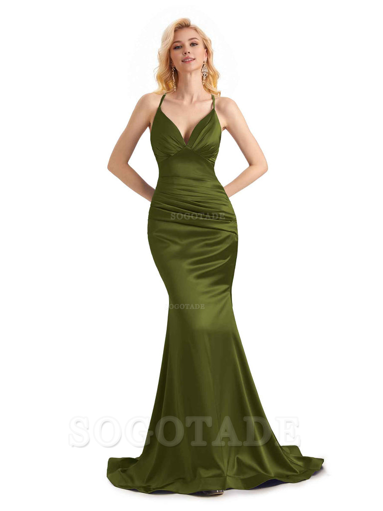 Elegant Soft Satin Mermaid Spaghetti Straps V-Neck Backless Long Bridesmaid Dresses Charming Evening Party Dress