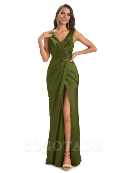 V-Neck Unique Long Satin Bridesmaid Dresses with Front Slit