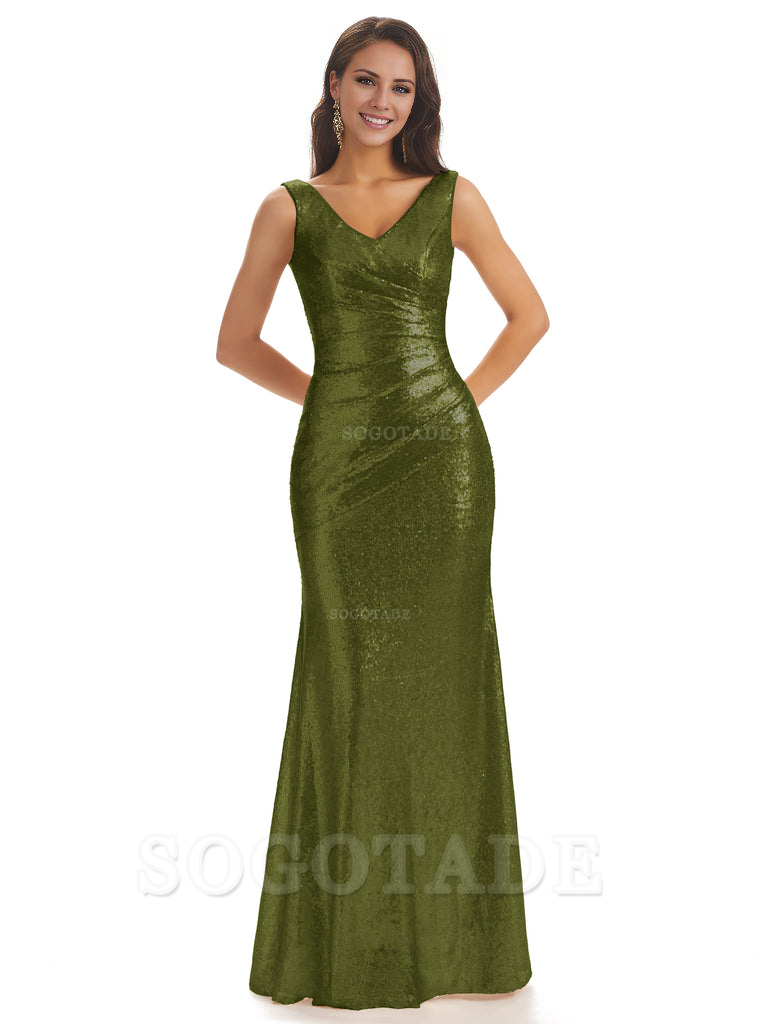 Sexy Sequin V-Neck Sparkly Long Mermaid Bridesmaid Dresses Charming Evening Party Dress