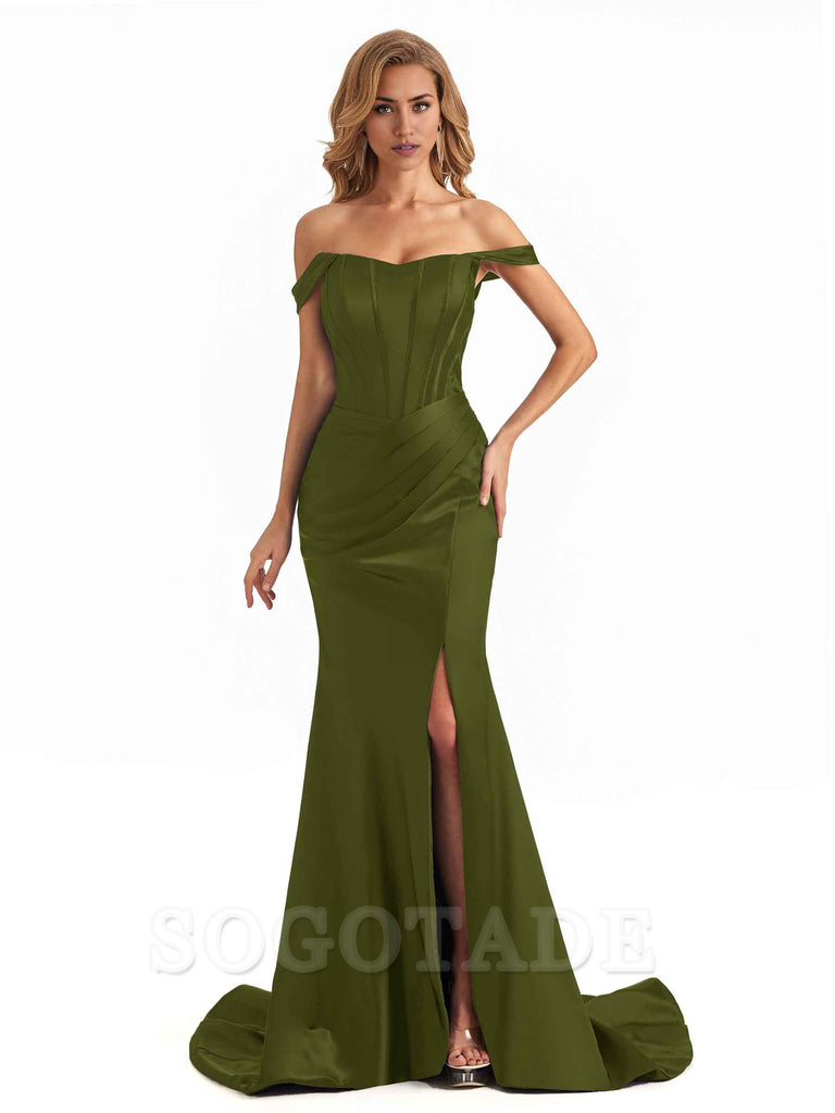 Sexy Long Mermaid Bridesmaid Dresses Off The Shoulder with Side Slit Satin Elegant Evening Party Dress 