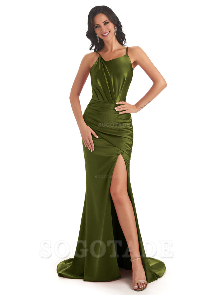 Sexy Satin Side Slit Spaghetti Straps Asymmetric Neckline Maxi Mermaid Bridesmaid Dresses Elegant Evening Party Dress