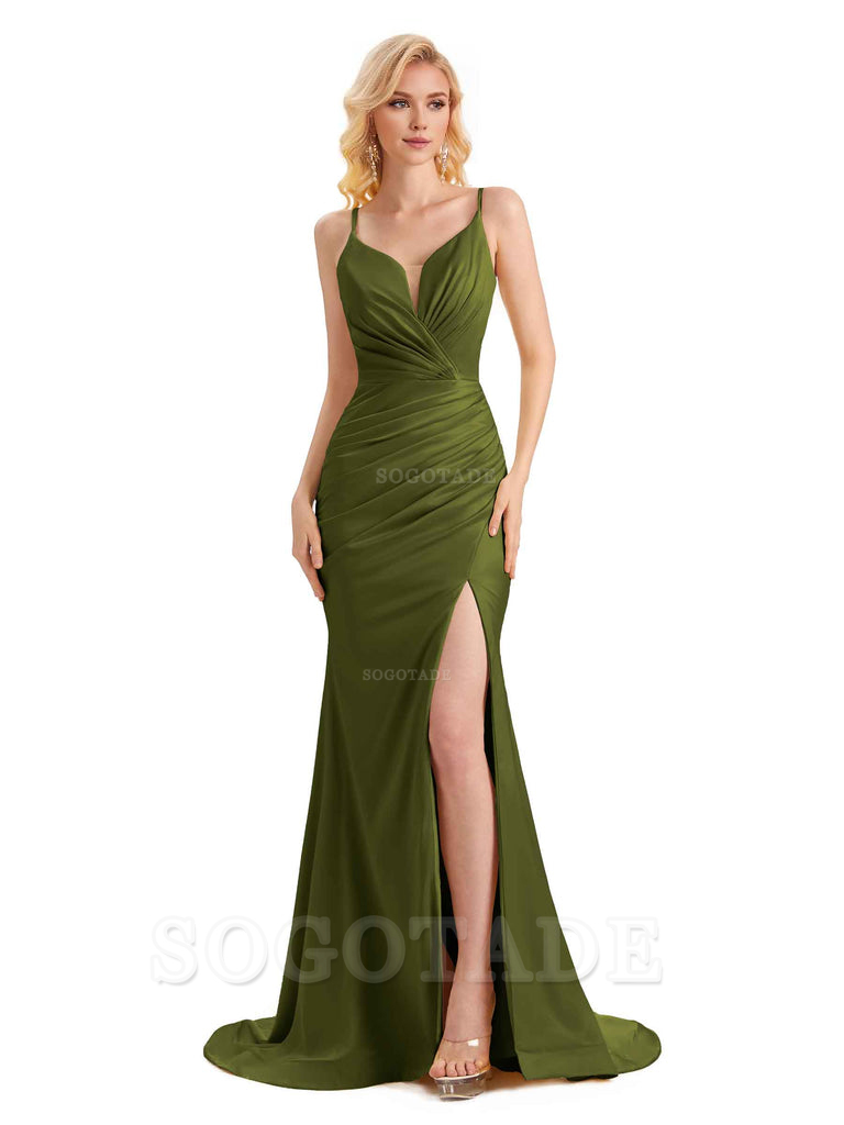 Sexy Side Slit Mermaid Spaghetti Straps Long Satin Bridesmaid Dresses Elegant Evening Party Dress