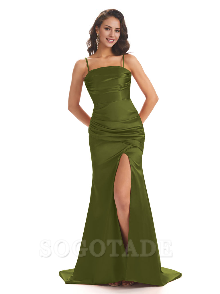 Sexy Mermaid Modern Bridesmaid Dresses Satin Spaghetti Straps with Side Slit Charming Evening Party Dress