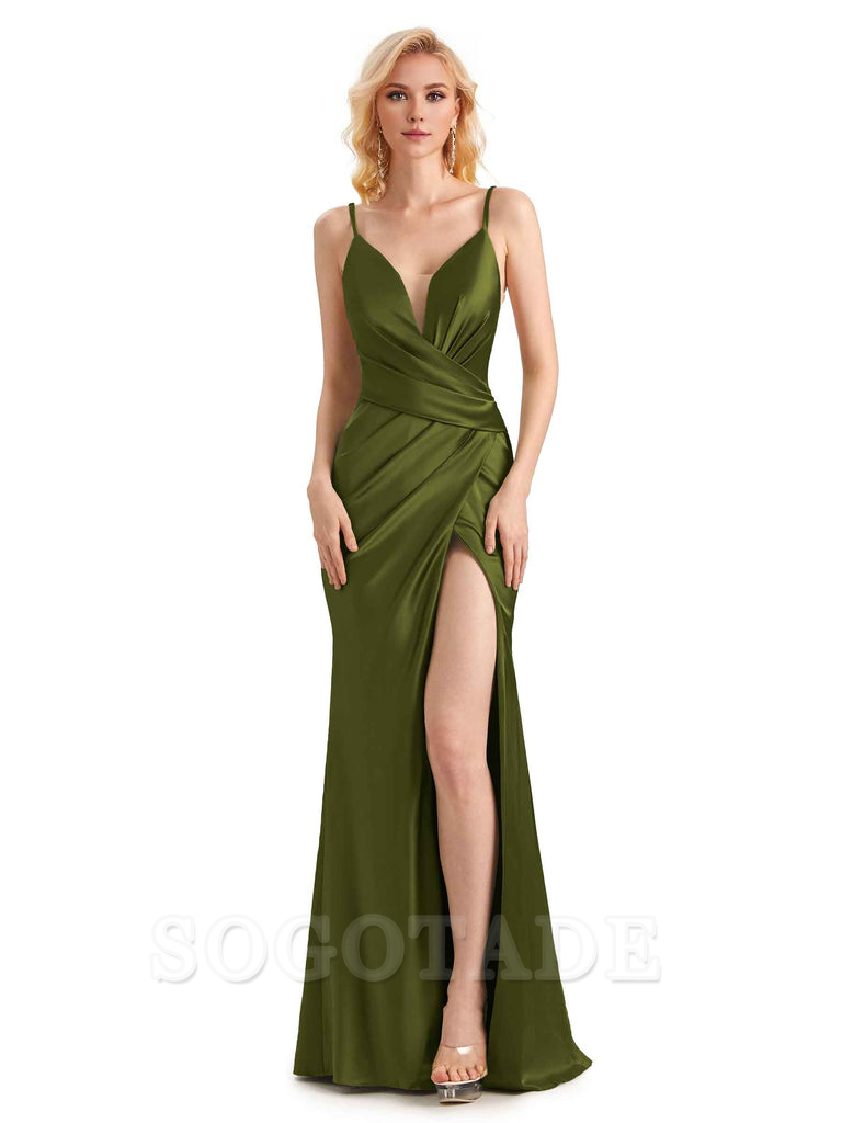 Sexy Satin Side Slit V-Neck Long Mermaid Bridesmaid Dresses with Front Slit