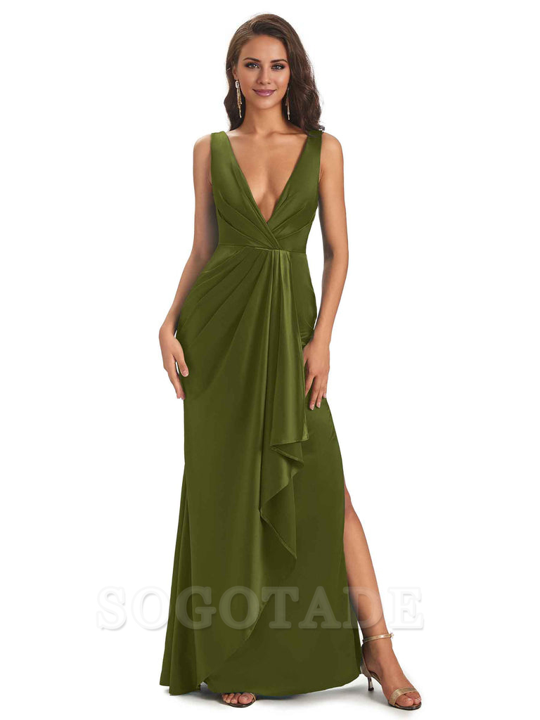 Sexy Satin V-Neck Floor-Length Long Bridesmaid Dresses with Side Slit Elegant Evening Party Dress