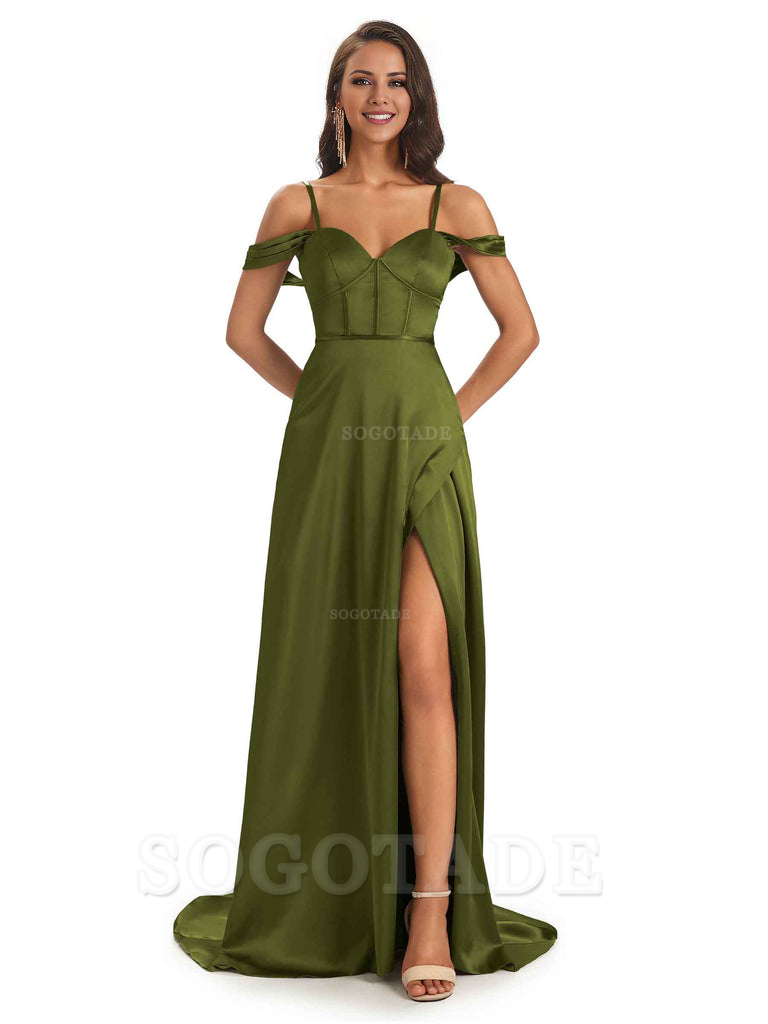 Stylish Soft Satin Side Slit Spaghetti Straps Bridesmaid Dresses Elegant Evening Party Dress
