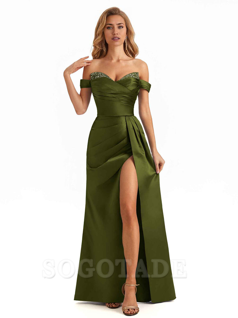 Sexy Off The Shoulder Soft Satin Mermaid Long Bridesmaid Dresses with Side Slit