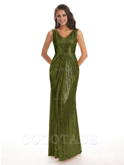 Sparkly V-Neck Sequin Long Mermaid Bridesmaid Dresses Sleeveless Charming Evening Party Dress
