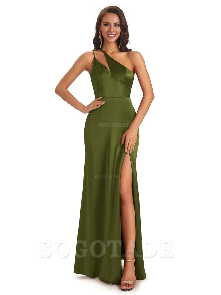 Sexy Soft Satin Side Slit One Shoulder Floor-Length Mermaid Long Bridesmaid Dresses Elegant Evening Party Dress