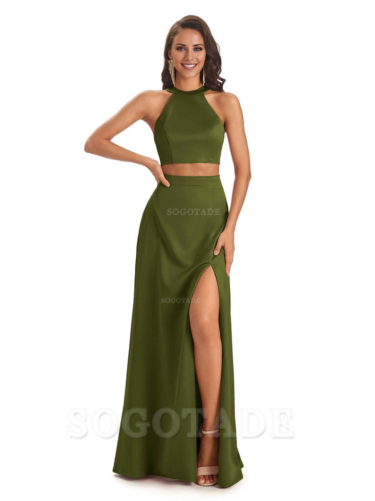 Soft Satin Two-Pieces Halter Side Slit Sexy Fashion Bridesmaid Dresses Charming Evening Party Dress