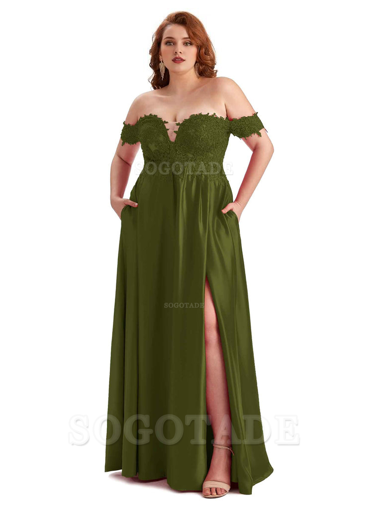 Off Shoulder Side Slit Lace Soft Satin Long Plus Size Bridesmaid Dresses For Wedding