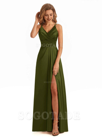 Soft Satin A-Line Spaghetti Straps V Neck Side Slit Maxi Long Bridesmaid Dresses