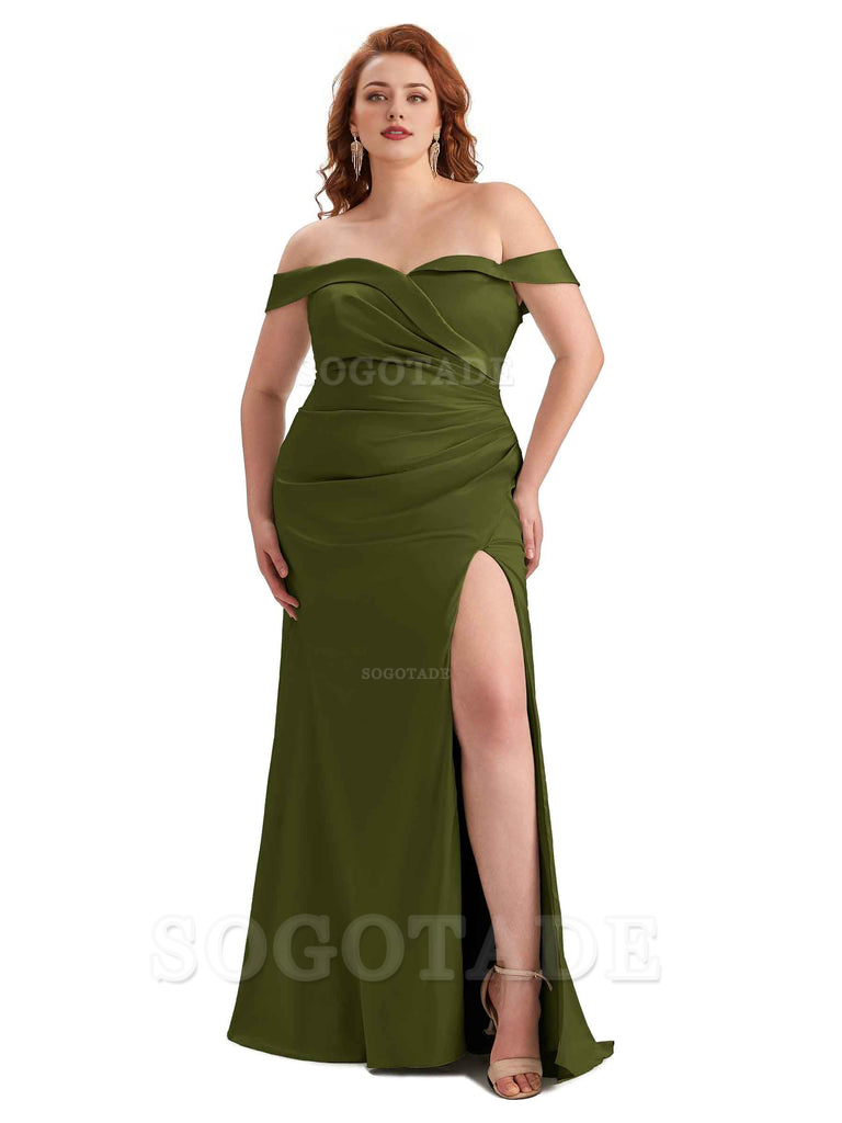 Sexy Side Slit Off Shoulder Mermaid Soft Satin Long Plus Size Bridesmaid Gowns For Wedding
