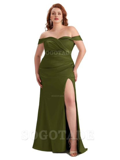 Sexy Side Slit Off Shoulder Mermaid Soft Satin Long Plus Size Bridesmaid Gowns For Wedding