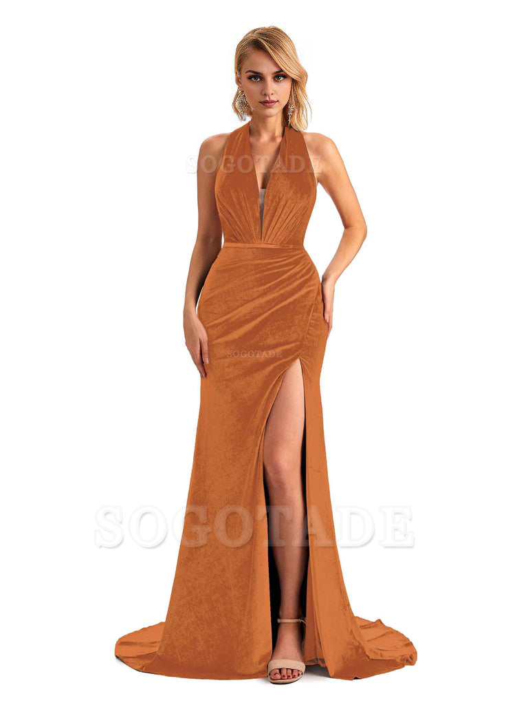 Sexy Deep V Neck Backless Mermaid Halter Side Slit Velvet Long Bridesmaid Dresses Online