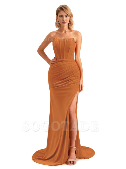  Sexy Side Hight Slit Sleeveless Mermaid Strapless Velvet Long Bridesmaid Dresses Online