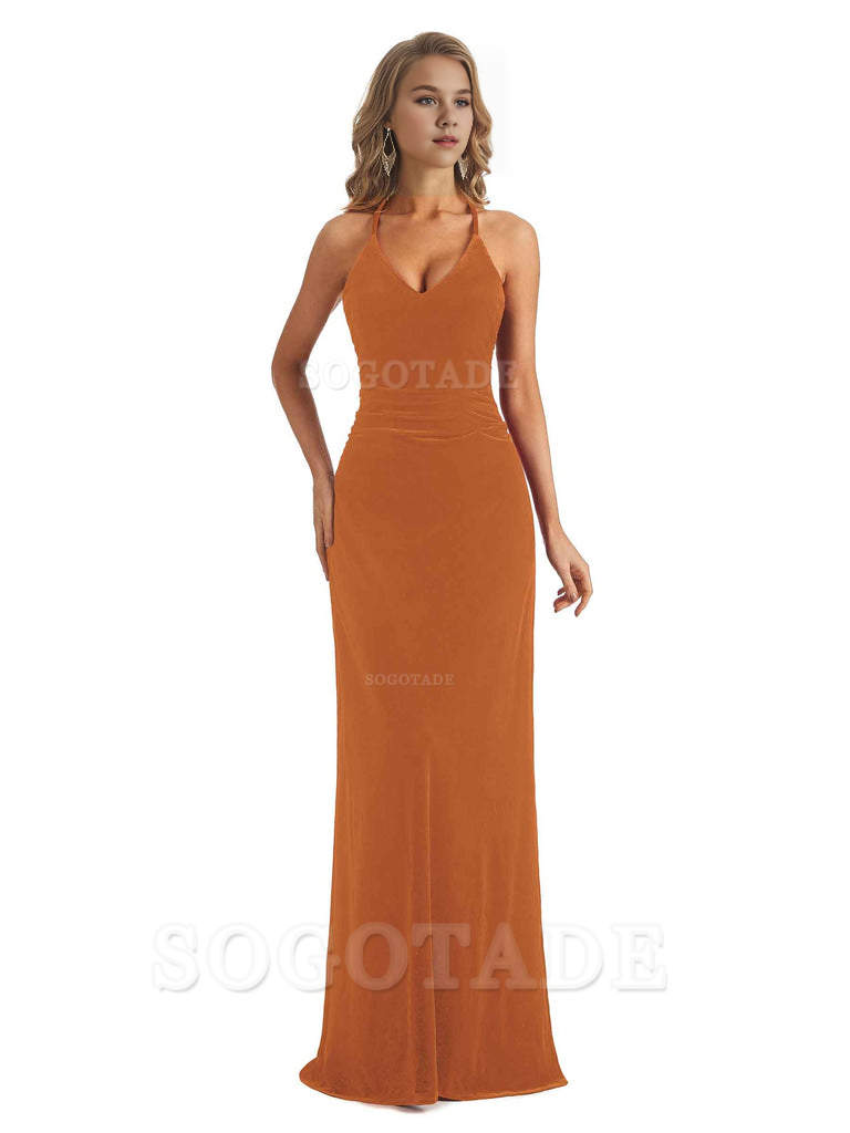 Elegant V-Neck Halter Backless Mermaid Velvet Long Wedding Party Dresses Bridesmaid Dresses Formal Women's Dresses Wedding Guests Dresses