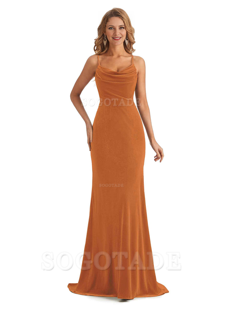 Elegant High Quality Mermaid Spaghetti Straps Cowl Velvet Side Slit Long Exquisite Bridesmaid Dresses Formal Women's Dresses Wedding Guests Dresses