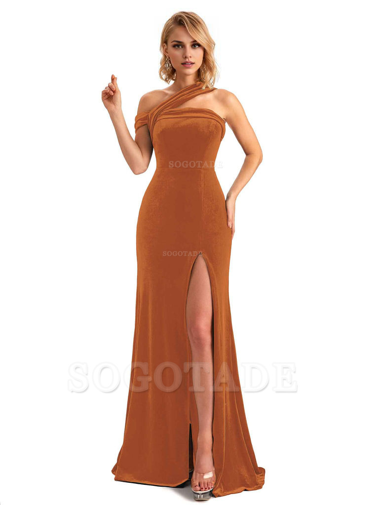 Sexy Mermaid Asymmetric Velvet Side Slit Long Bridesmaid Dresses