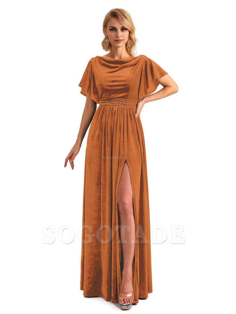 Elegant A-Line Jewel Bat Sleeves Velvet Side Slit Long Bridesmaid Dresses