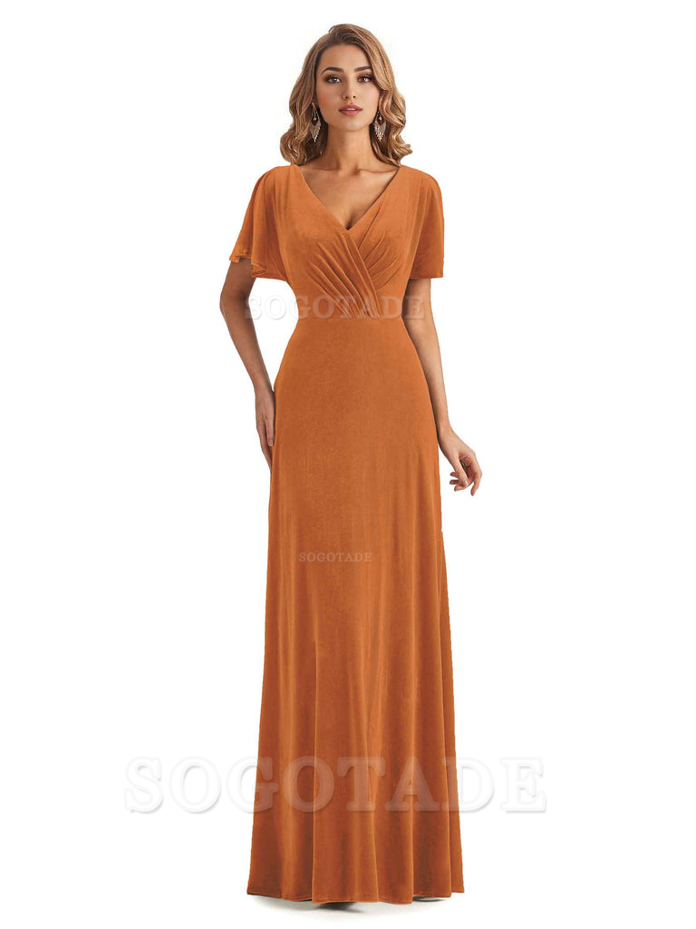 Elegant Mermaid V-neck Short Sleeves Unique Velvet Long Bridesmaid Dresses