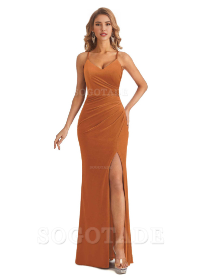 Elegant Mermaid Spaghetti Straps V-Neck Velvet Side Slit Long Bridesmaid Dresses Bridesmaid Dresses Formal Wear Dresses