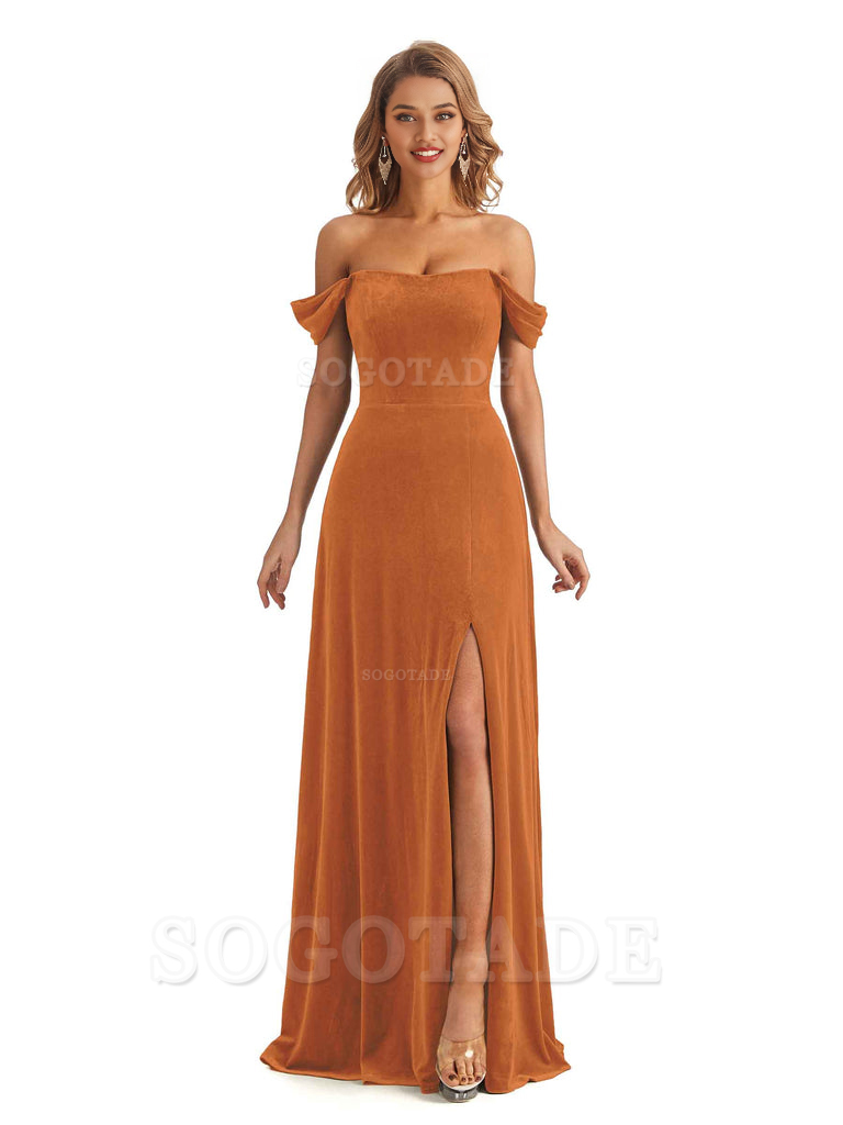 Elegant Mermaid Off The Shoulder Unique Velvet Side Slit Backless Long Bridesmaid Dresses Formal Wear Dresses