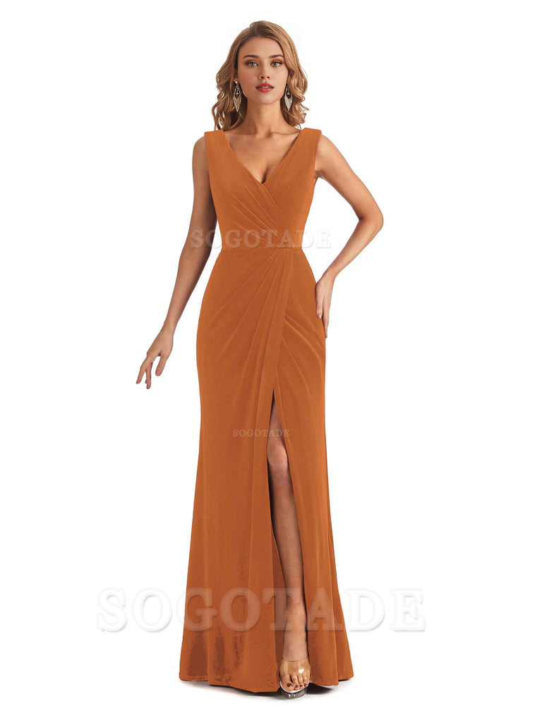 Sexy Deep V-Neck Sheath Velvet Side Slit Long Elegant Bridesmaid Dresses Formal Women's Dresses Wedding Guests Dresses