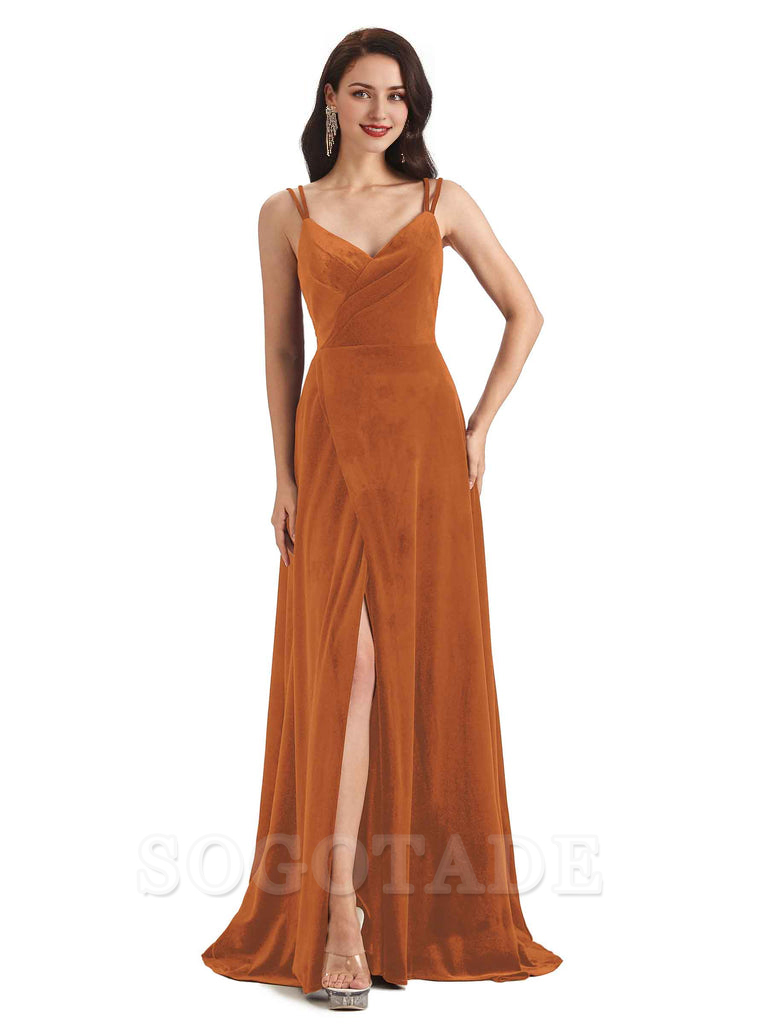 Sexy Velvet Long Bridesmaid Dresses Spaghetti Straps Open Back with Side Slit