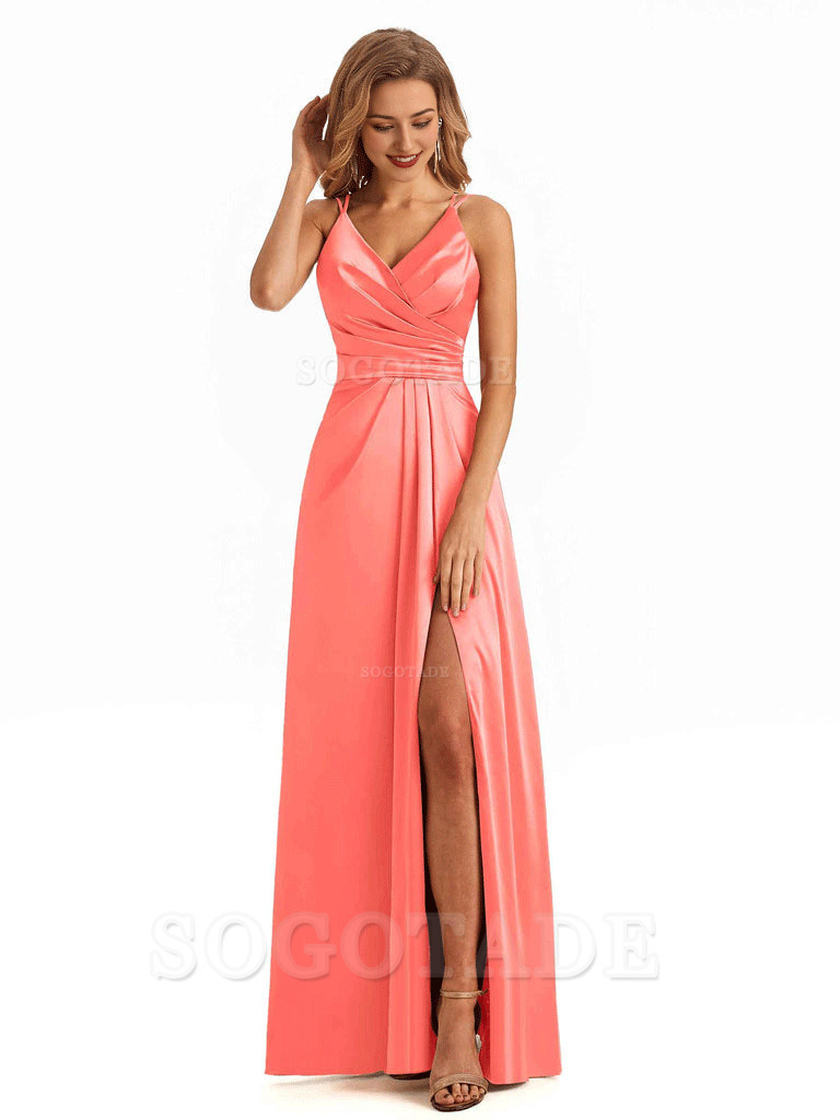 Soft Satin A-Line Spaghetti Straps V Neck Side Slit Maxi Long Bridesmaid Dresses