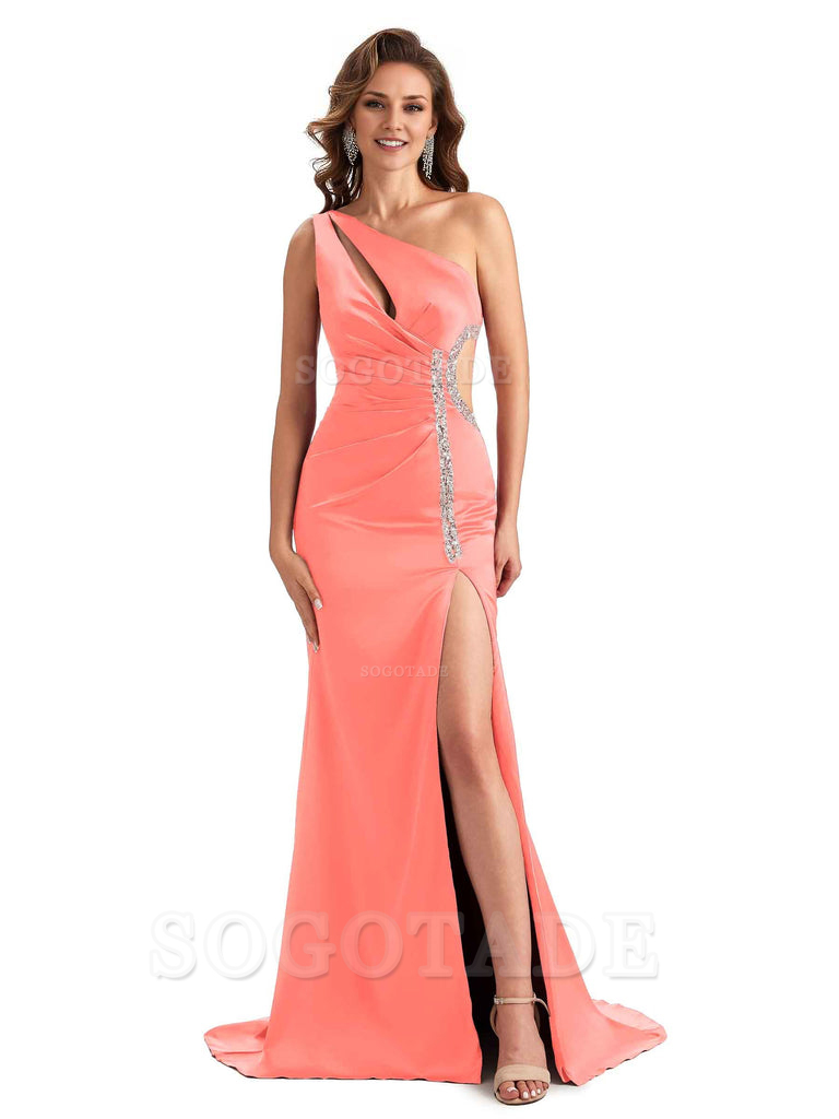 Sexy Side Slit Mermaid Soft Satin One Shoulder Lace Long Bridesmaid Dresses